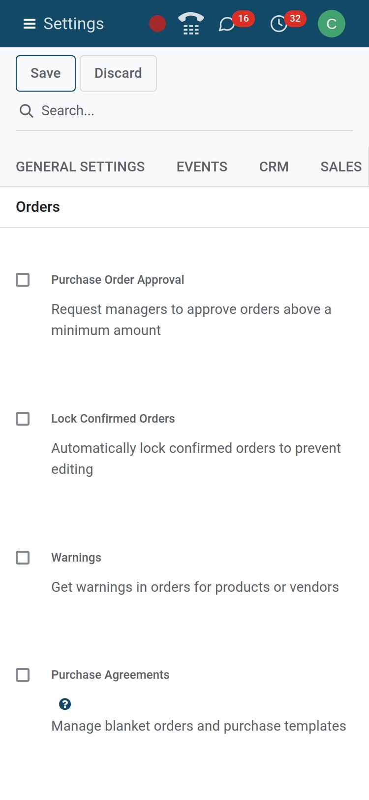 BridgeERP Purchase settings on a phone with the Purchase Order Approval, Lock Confirmed Orders, Warnings and Purchase Agreements switches