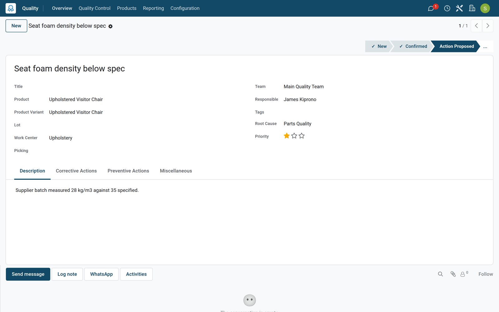 BridgeERP quality alert with root cause and corrective actions