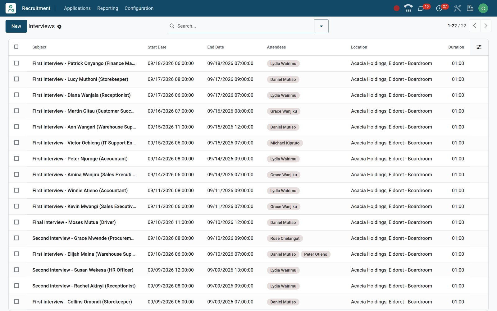 BridgeERP list of interview meetings linked to applications