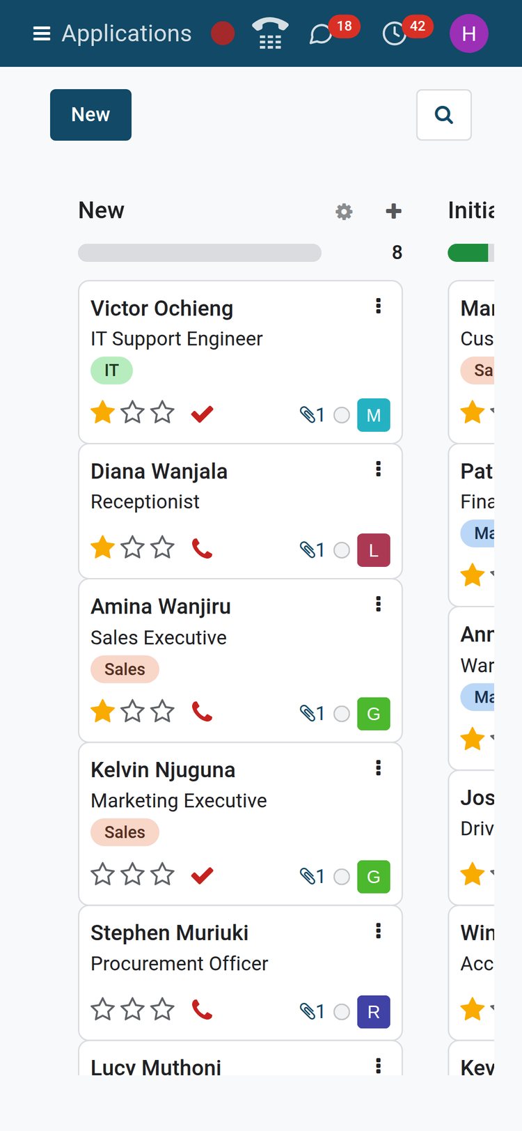 BridgeERP applicant pipeline on a phone screen