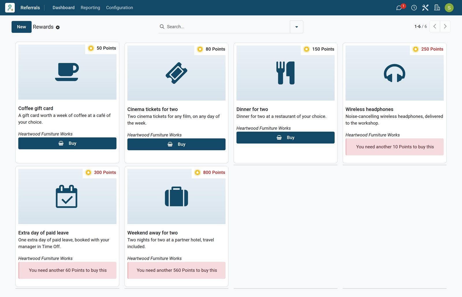 BridgeERP Referrals rewards shop with point costs and Buy buttons