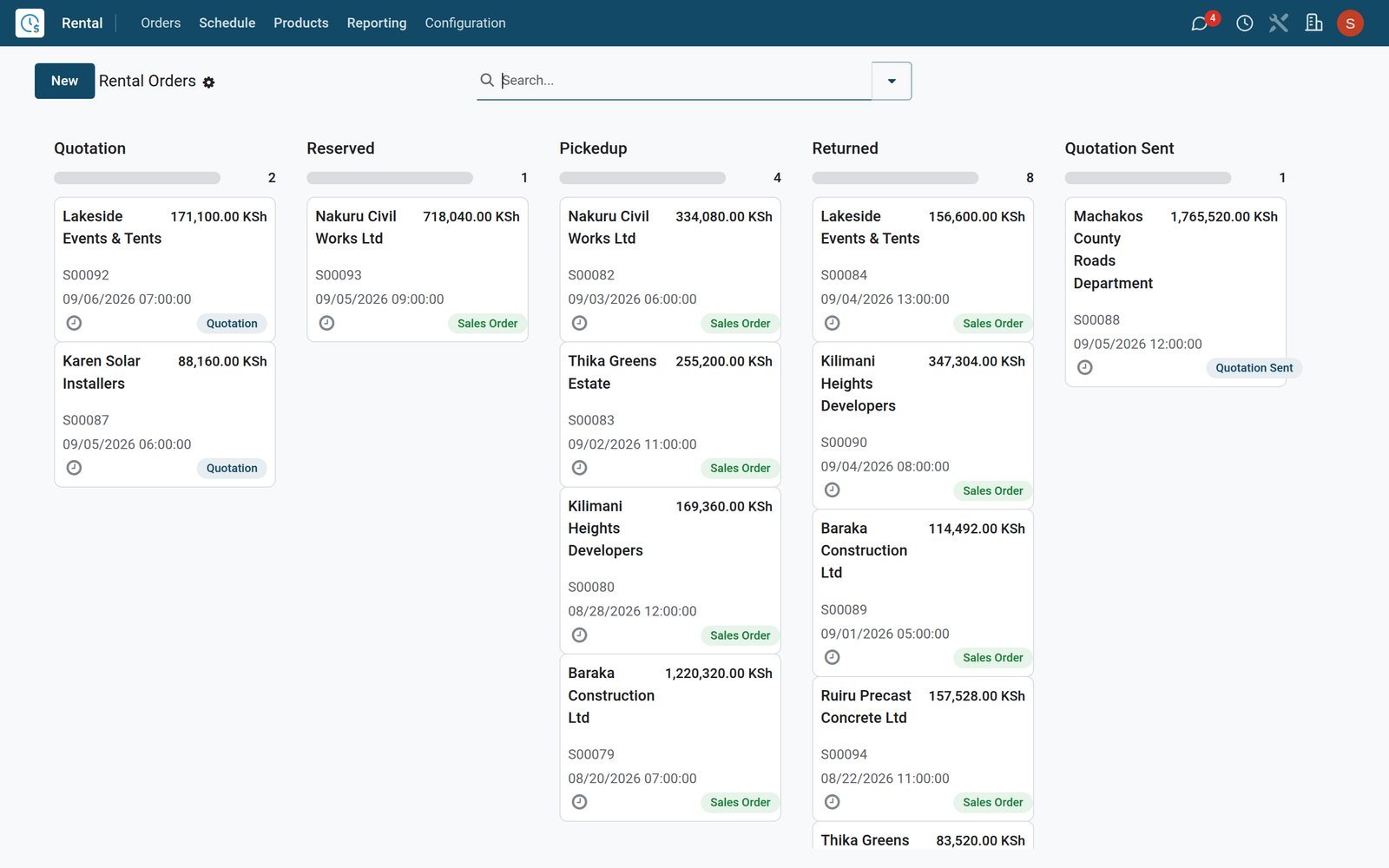 BridgeERP rental orders kanban grouped by rental status from quotation to returned