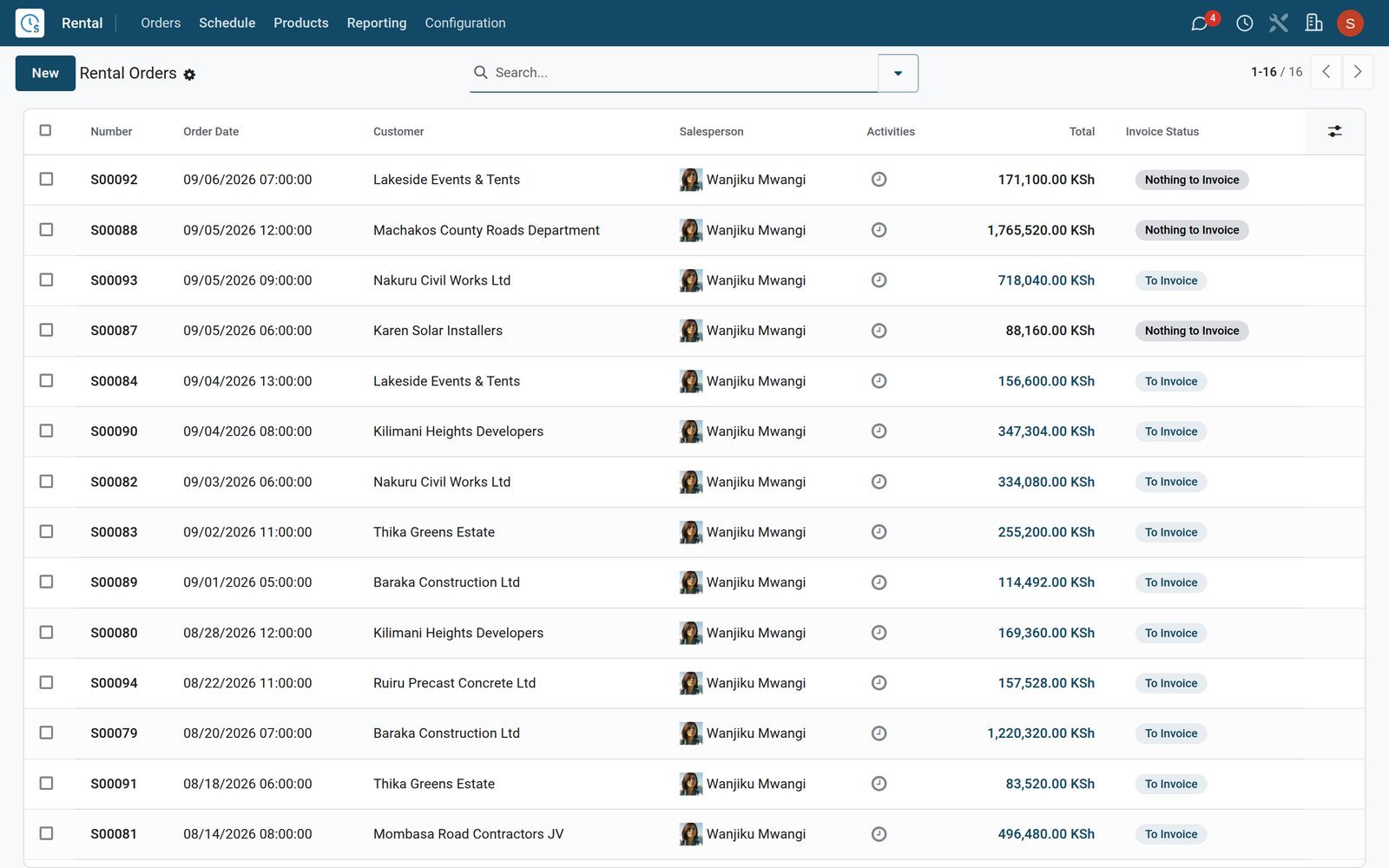 BridgeERP Rental Orders list with rental orders, customers, salespeople, totals and status