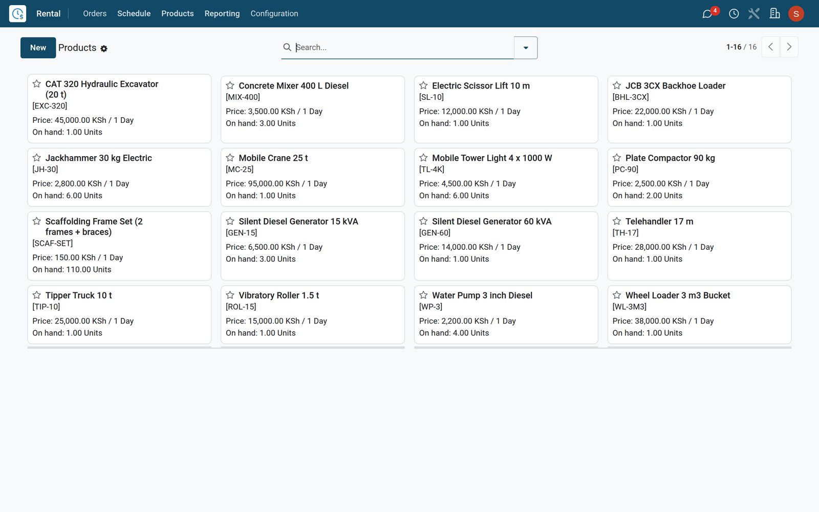 BridgeERP Rental Products kanban with rentable equipment cards and their rental prices