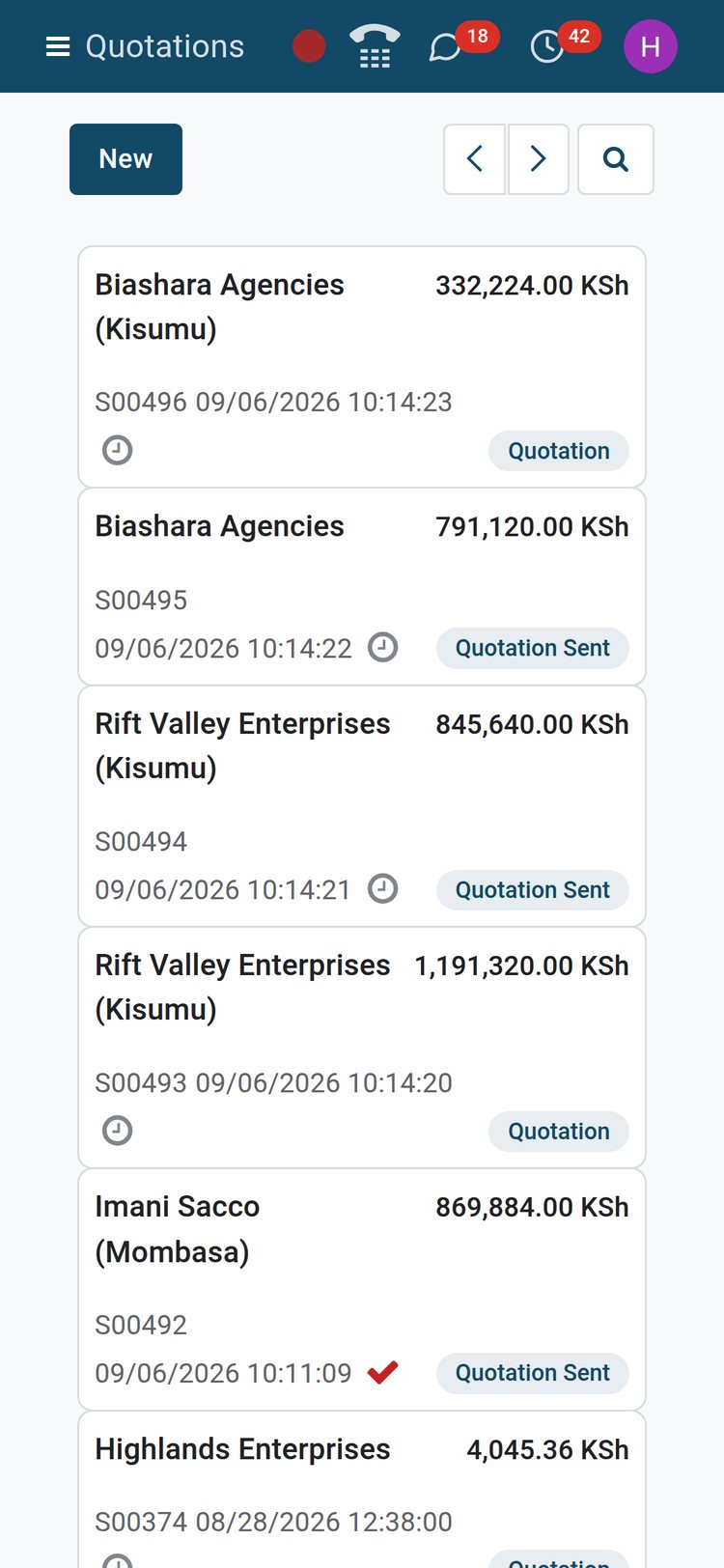 BridgeERP Sales quotations kanban on a phone screen