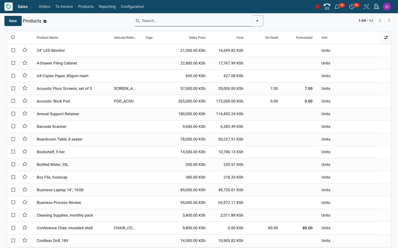BridgeERP Sales products list with Kenyan shilling sales prices and costs