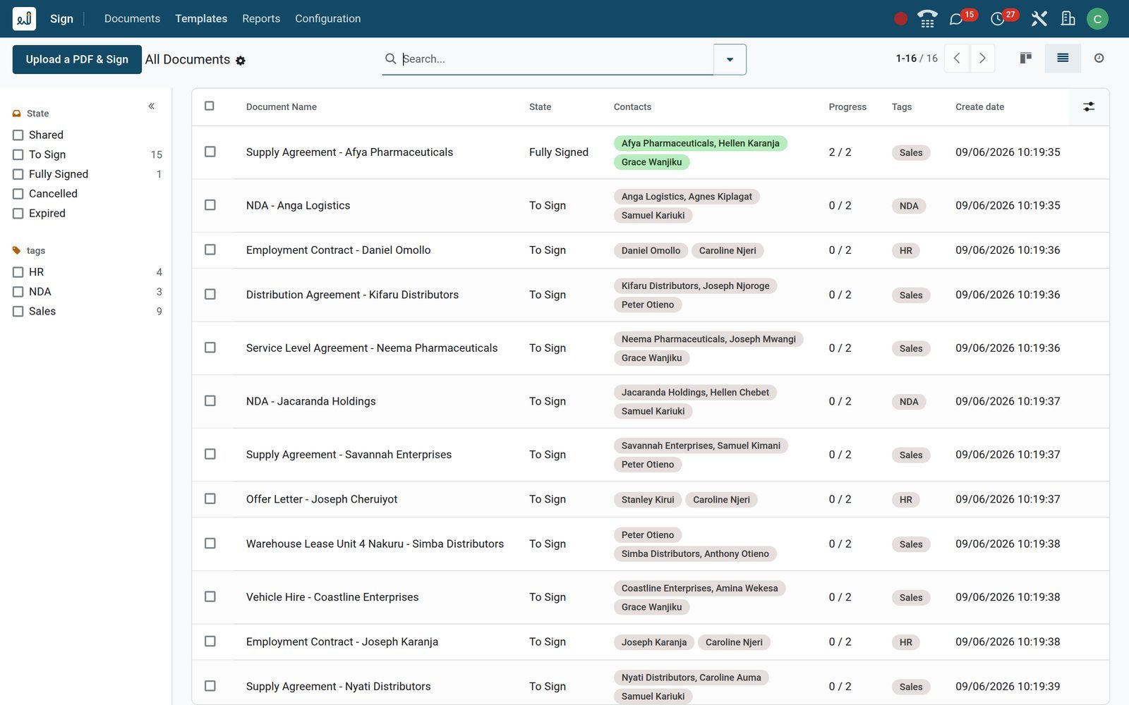 BridgeERP Sign documents list with state, contacts, progress and per-row Resend and Download buttons