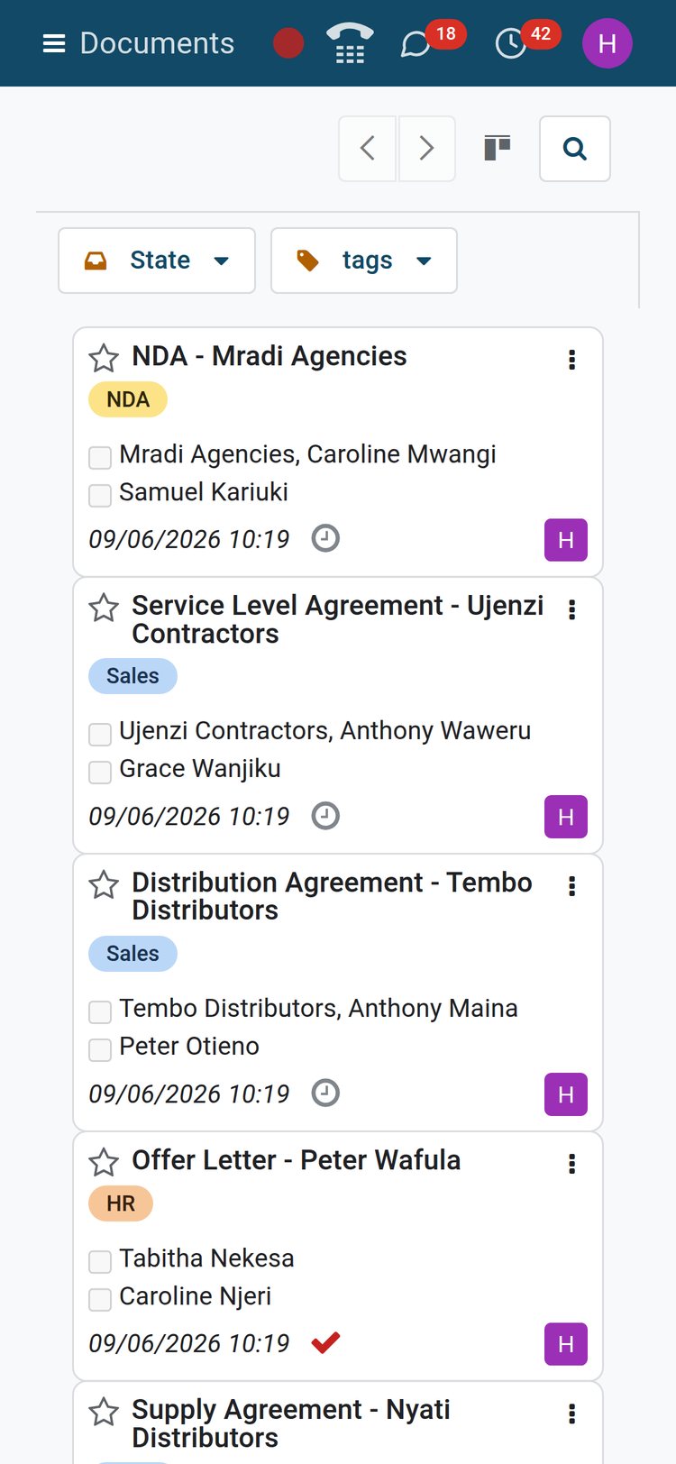 BridgeERP Sign documents board on a phone with agreement cards and signer tick-boxes