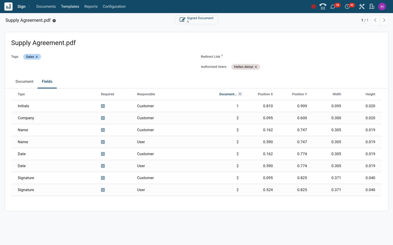 BridgeERP Sign template form with the Fields tab listing the supply agreement's signature fields by type, role, page and position