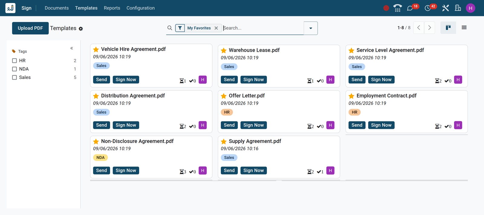 BridgeERP Sign templates kanban with Send and Sign Now buttons on each favourite template card