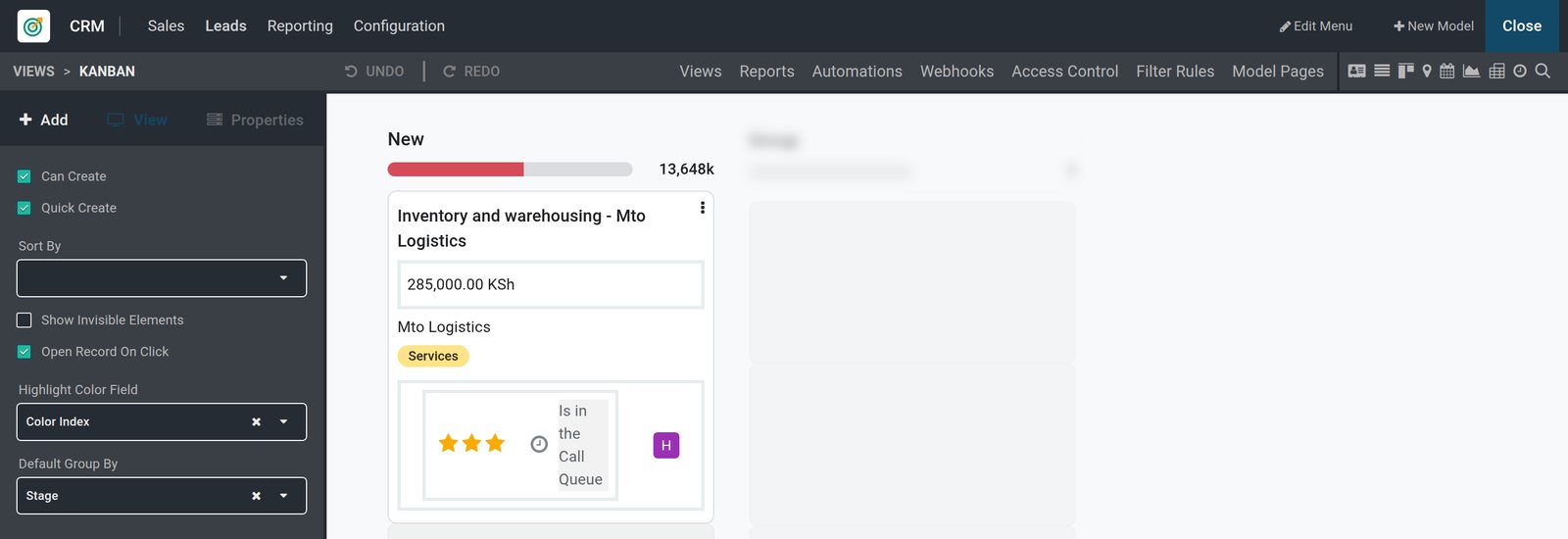 BridgeERP Studio kanban editor on the CRM pipeline with an opportunity card and the view properties sidebar