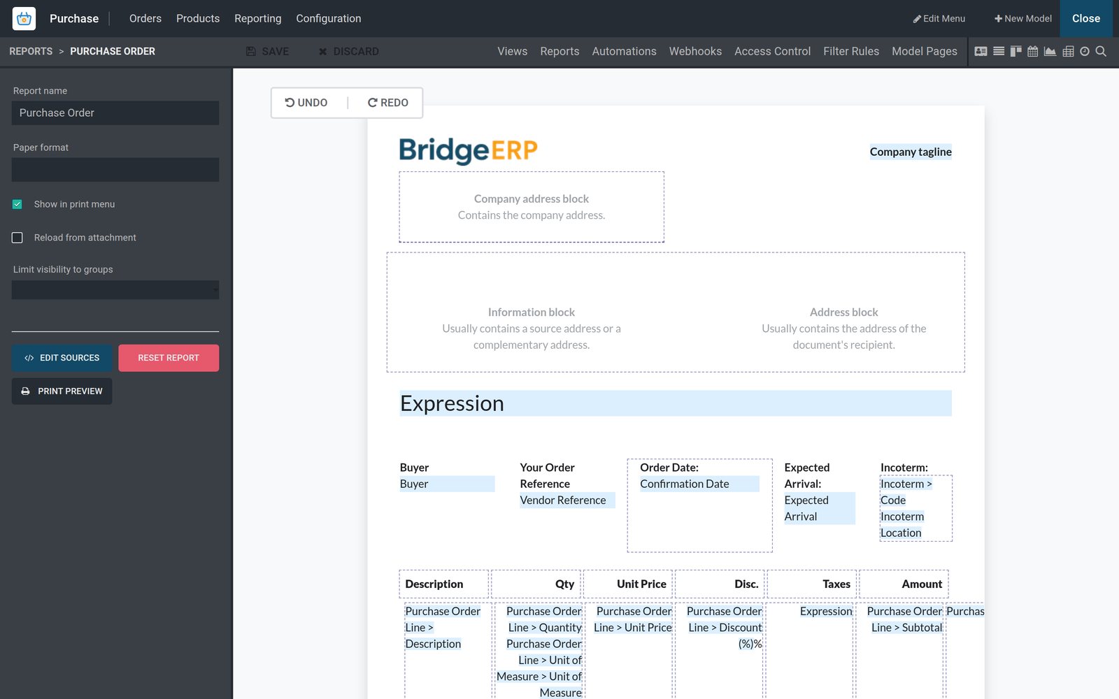 BridgeERP Studio report editor on the Purchase Order PDF with the logo, address blocks, order fields and lines table