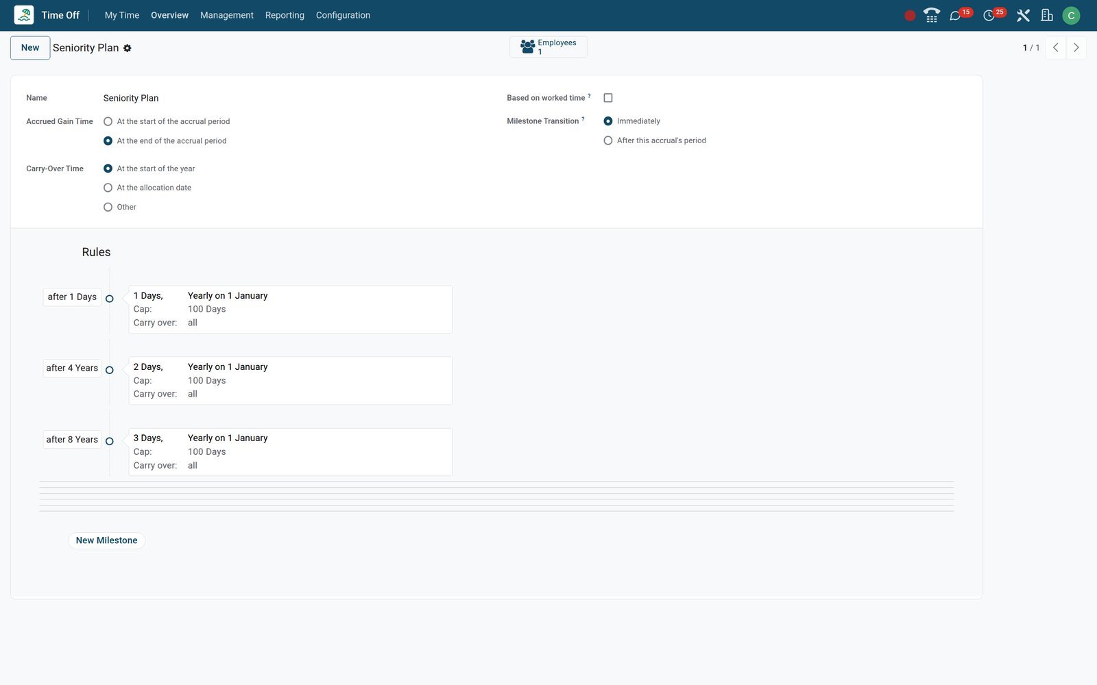 BridgeERP accrual plan form with three seniority milestones