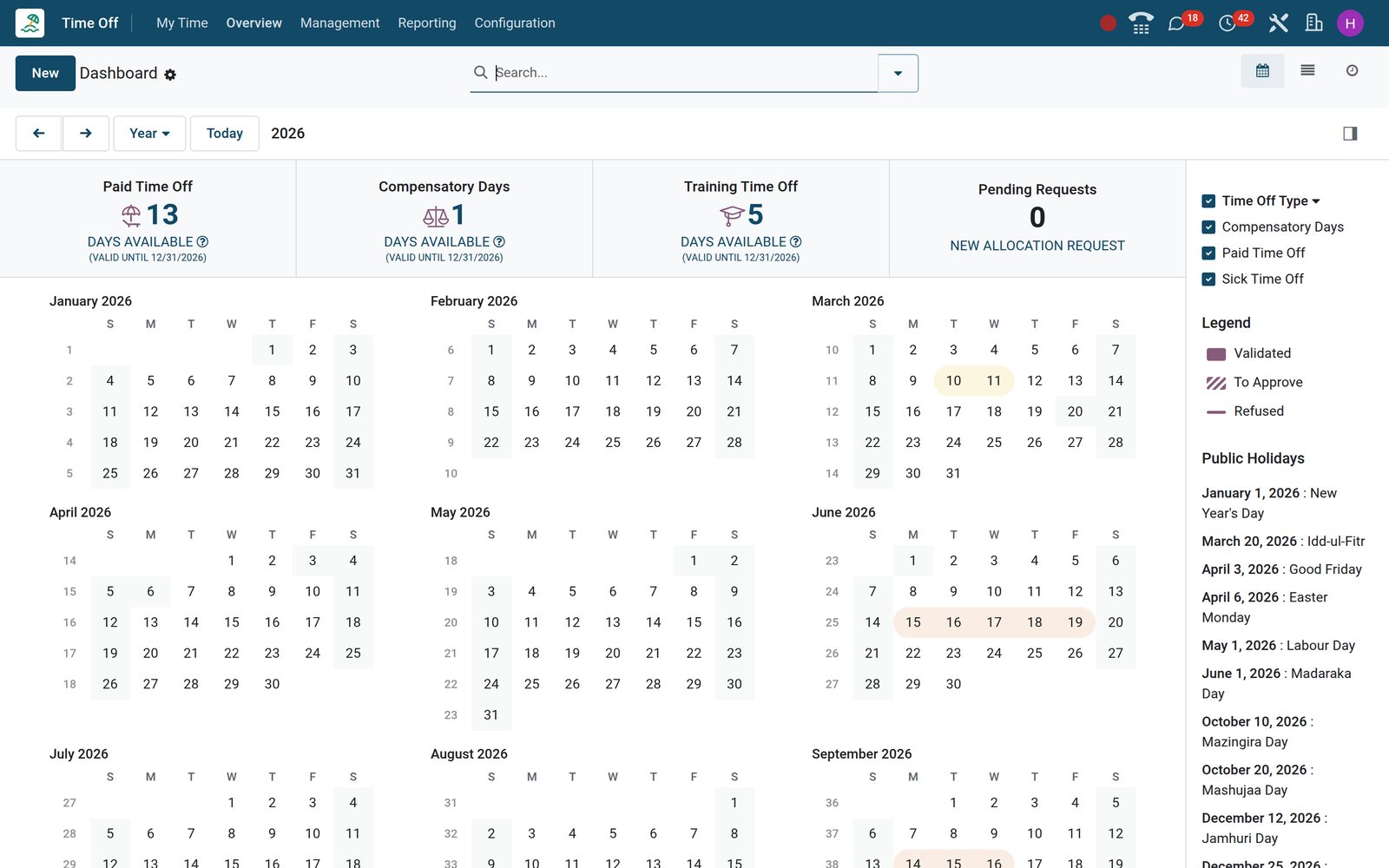 BridgeERP Time Off dashboard with balance cards per leave type above a September 2026 calendar