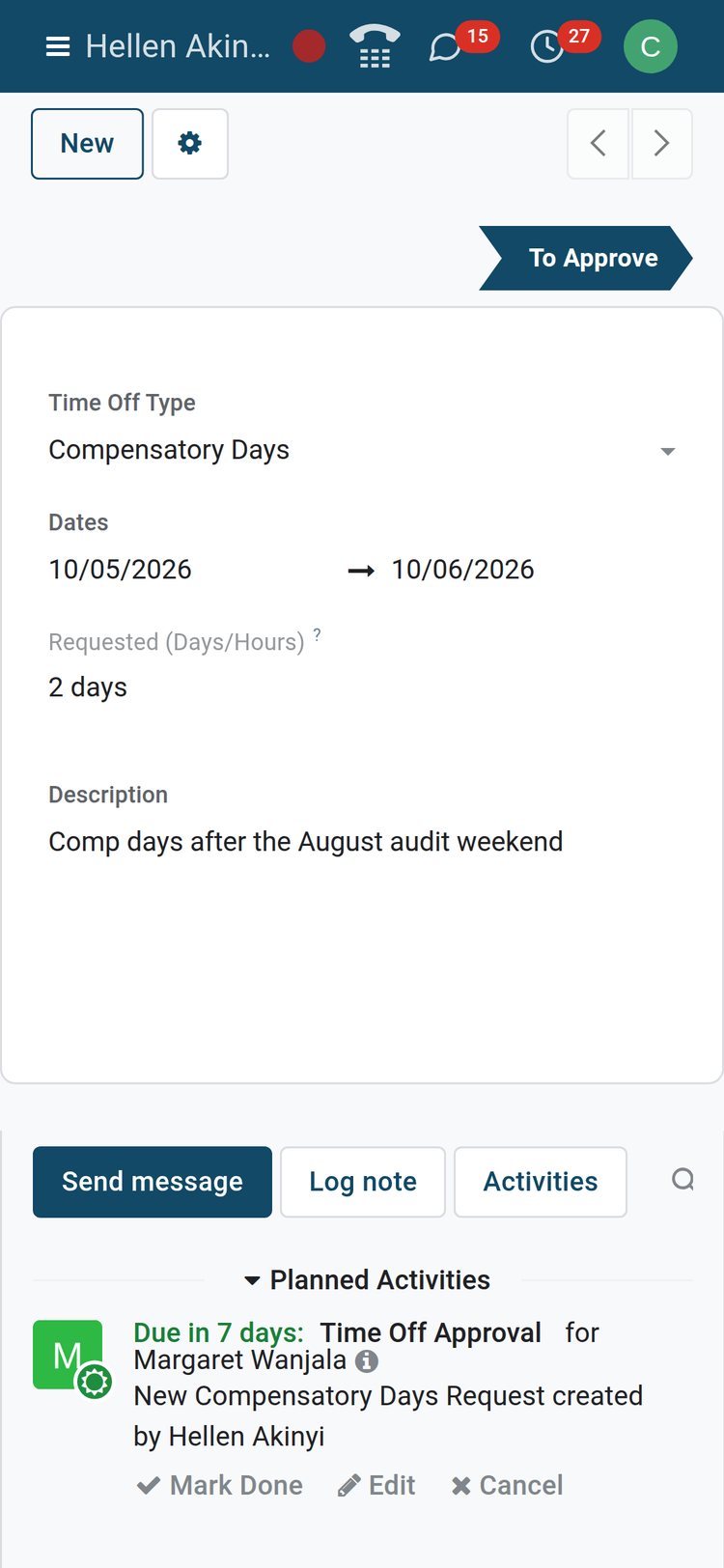 BridgeERP time off request form on a phone showing a two-day compensatory request awaiting approval