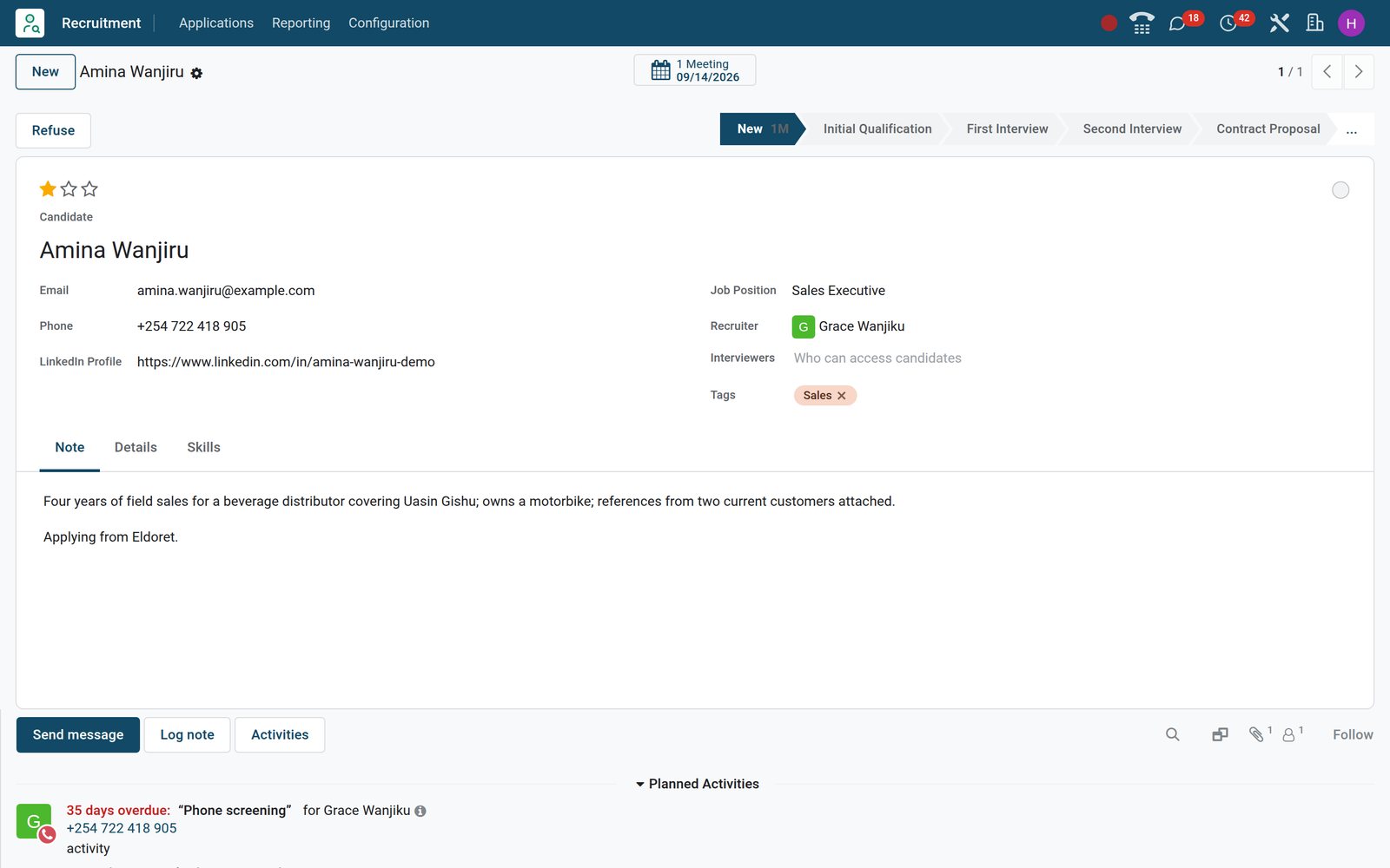 BridgeERP Recruitment applicant form with a clickable phone number and a planned phone screening call