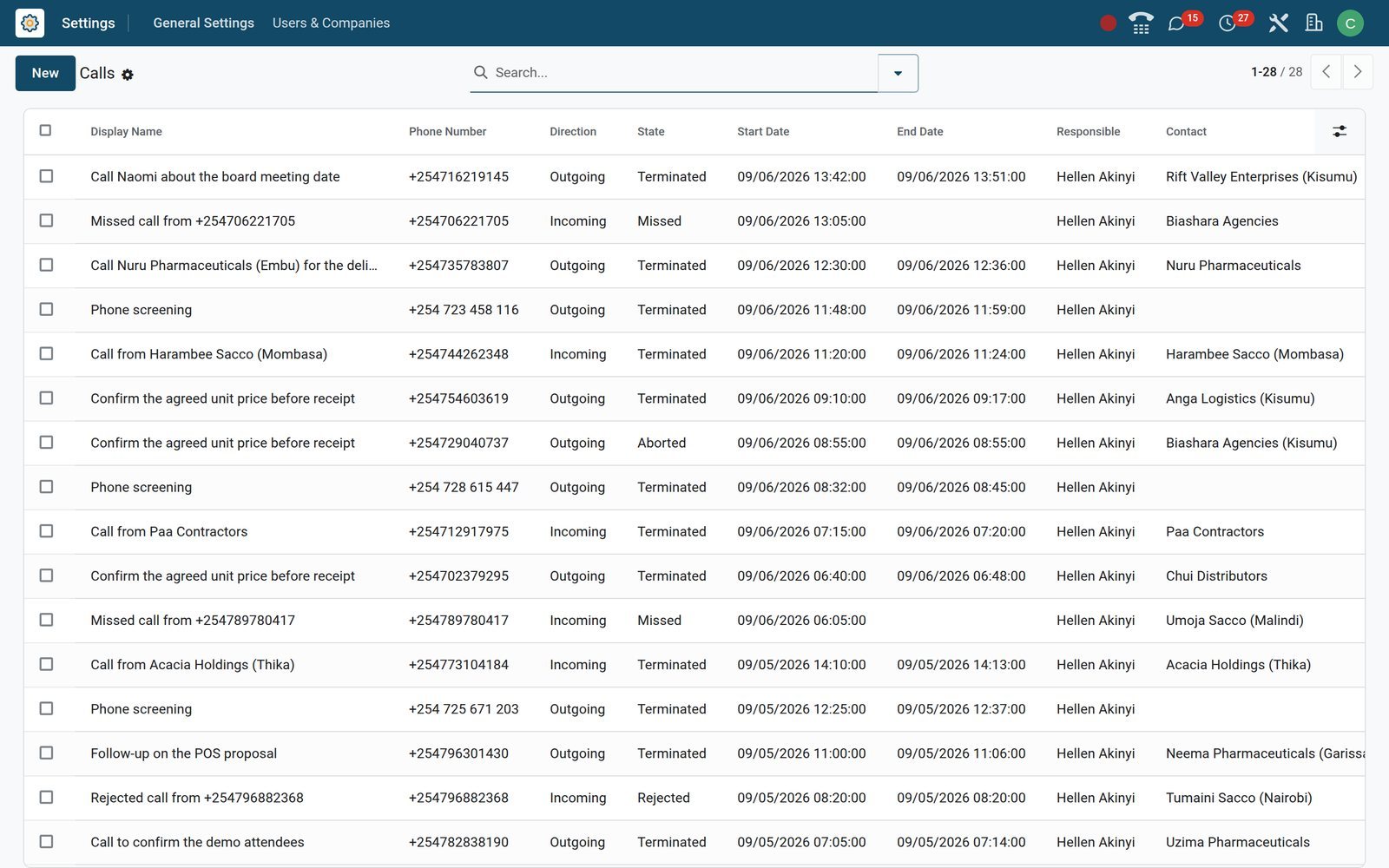 BridgeERP VoIP Calls list with incoming and outgoing calls, states and contacts