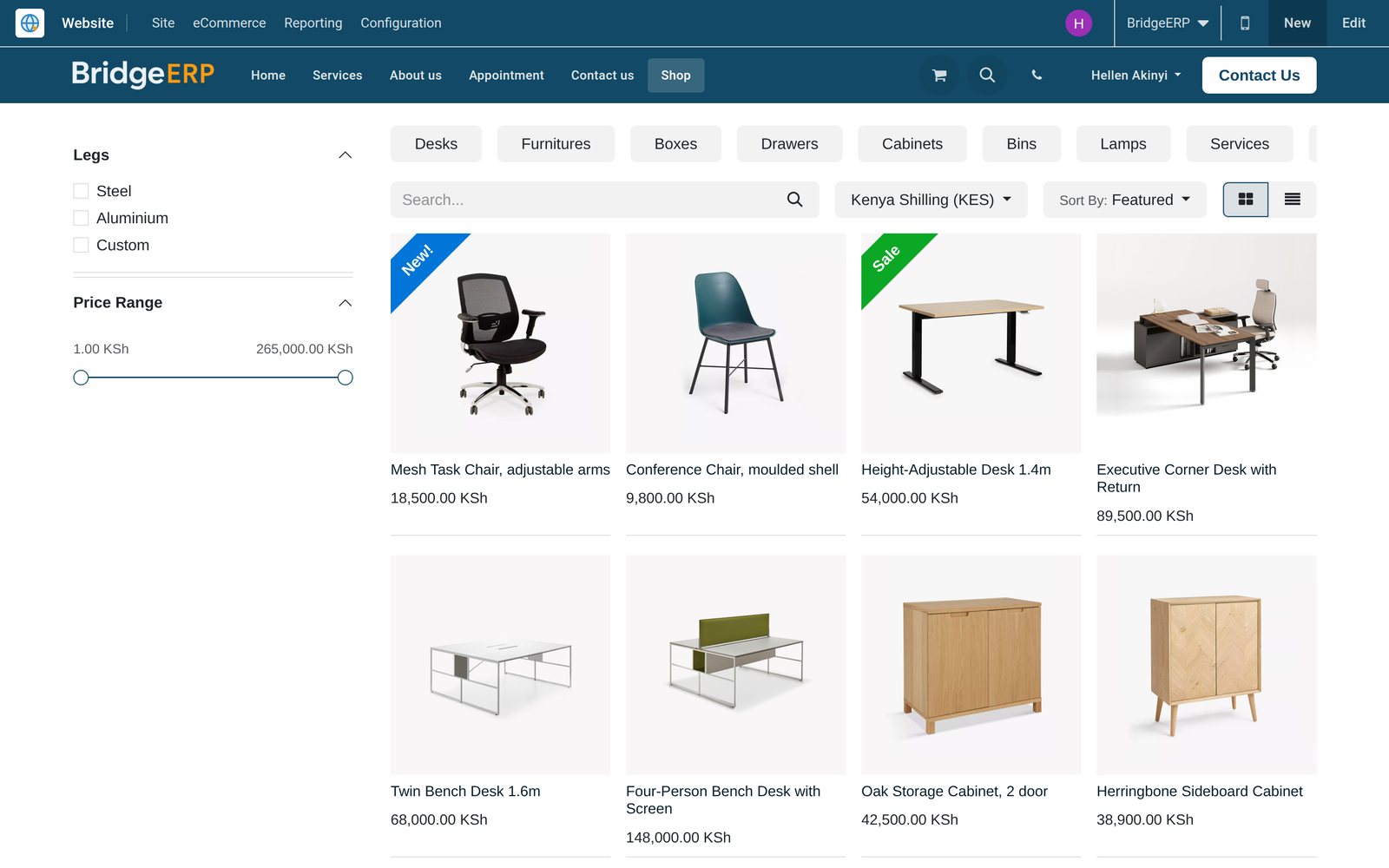 BridgeERP Website app previewing the online shop with product cards, prices and category filters