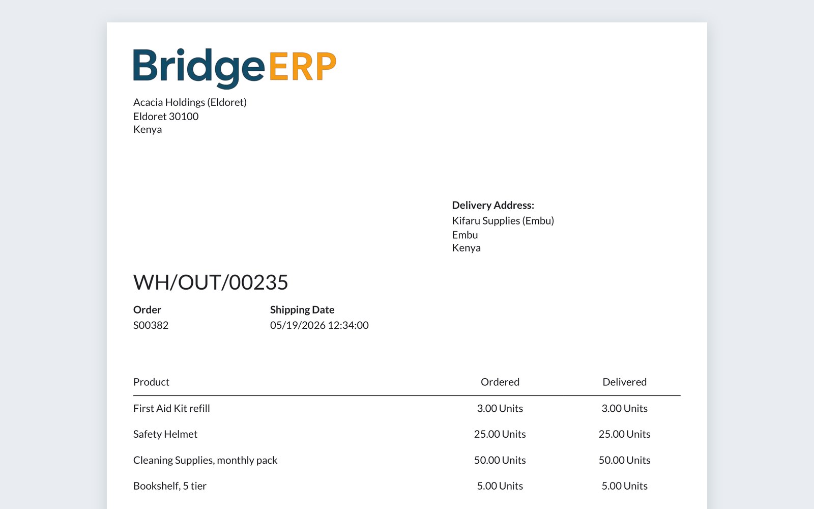 A delivery note printed from BridgeERP on the company letterhead.