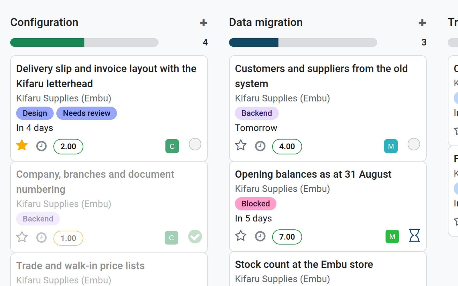 Two stages of the go-live board, with their task cards, owners and the task waiting on the client