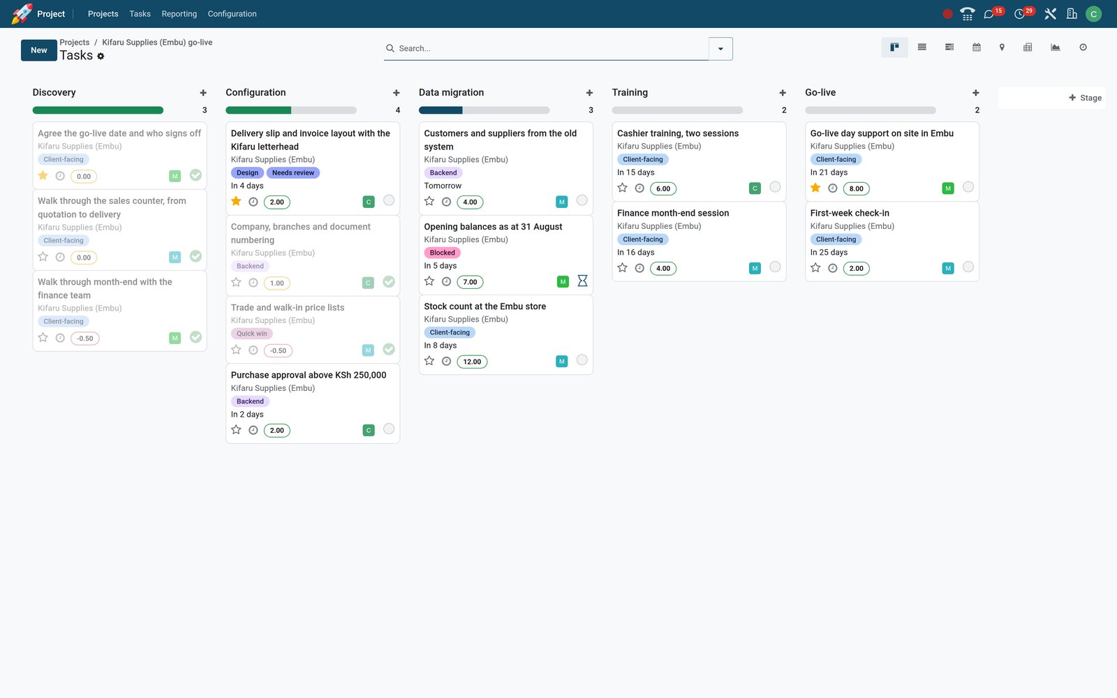 The Kifaru Supplies (Embu) go-live project in BridgeERP Project: discovery, configuration, data migration, training and go-live columns.