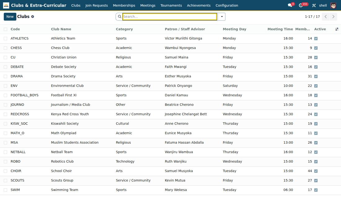 Clubs & Activities screen