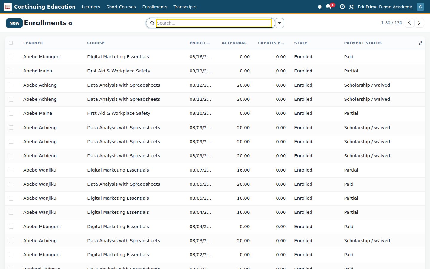 Continuing Education screen