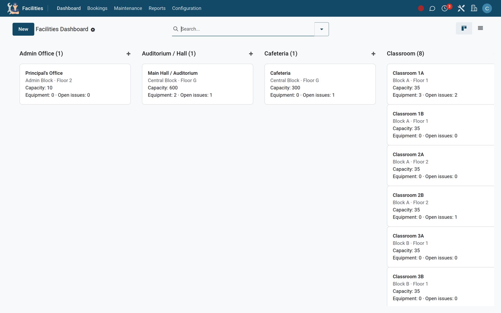 Facilities in the EduPrime: Room booking, asset register and maintenance requests