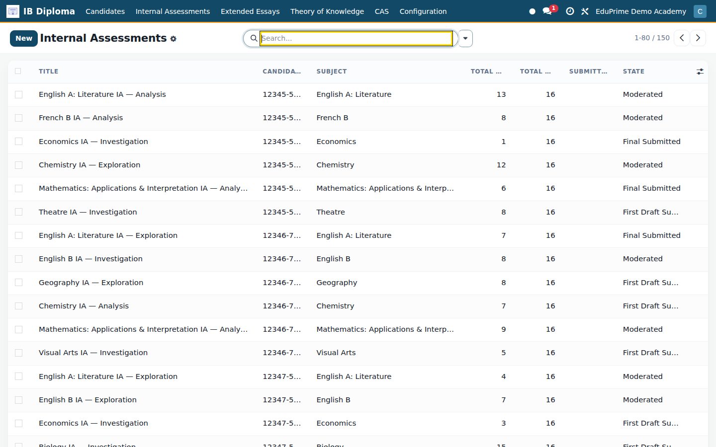 IB Programmes screen