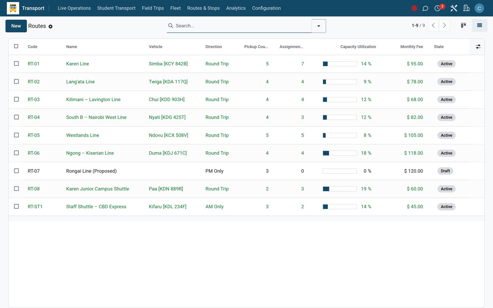 School Transport in the EduPrime: Routes, stops, vehicle assignment, GPS tracking and a driver app