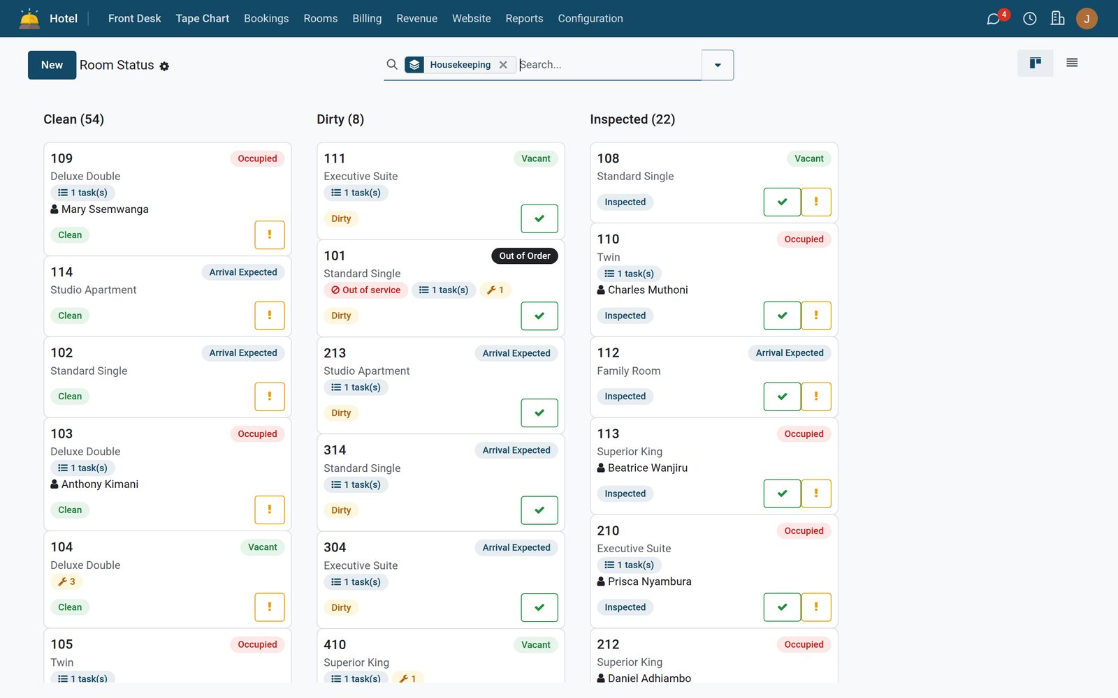 Housekeeping & Maintenance — Room Status board