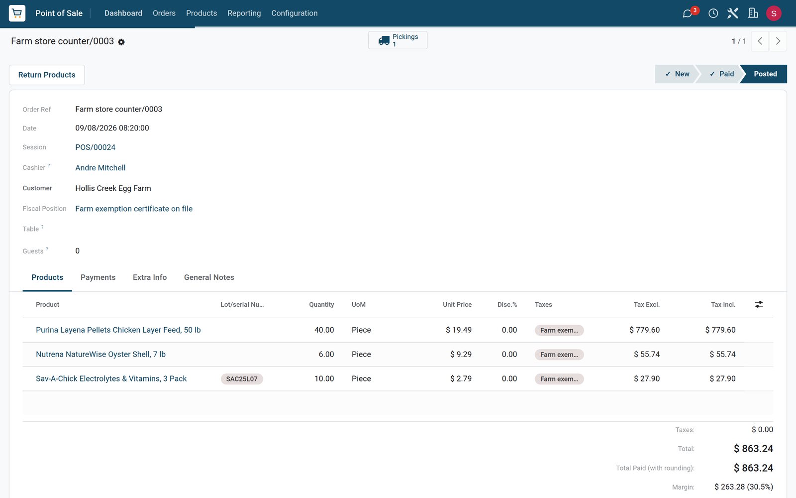 BridgeERP farm store order with a farm tax exemption