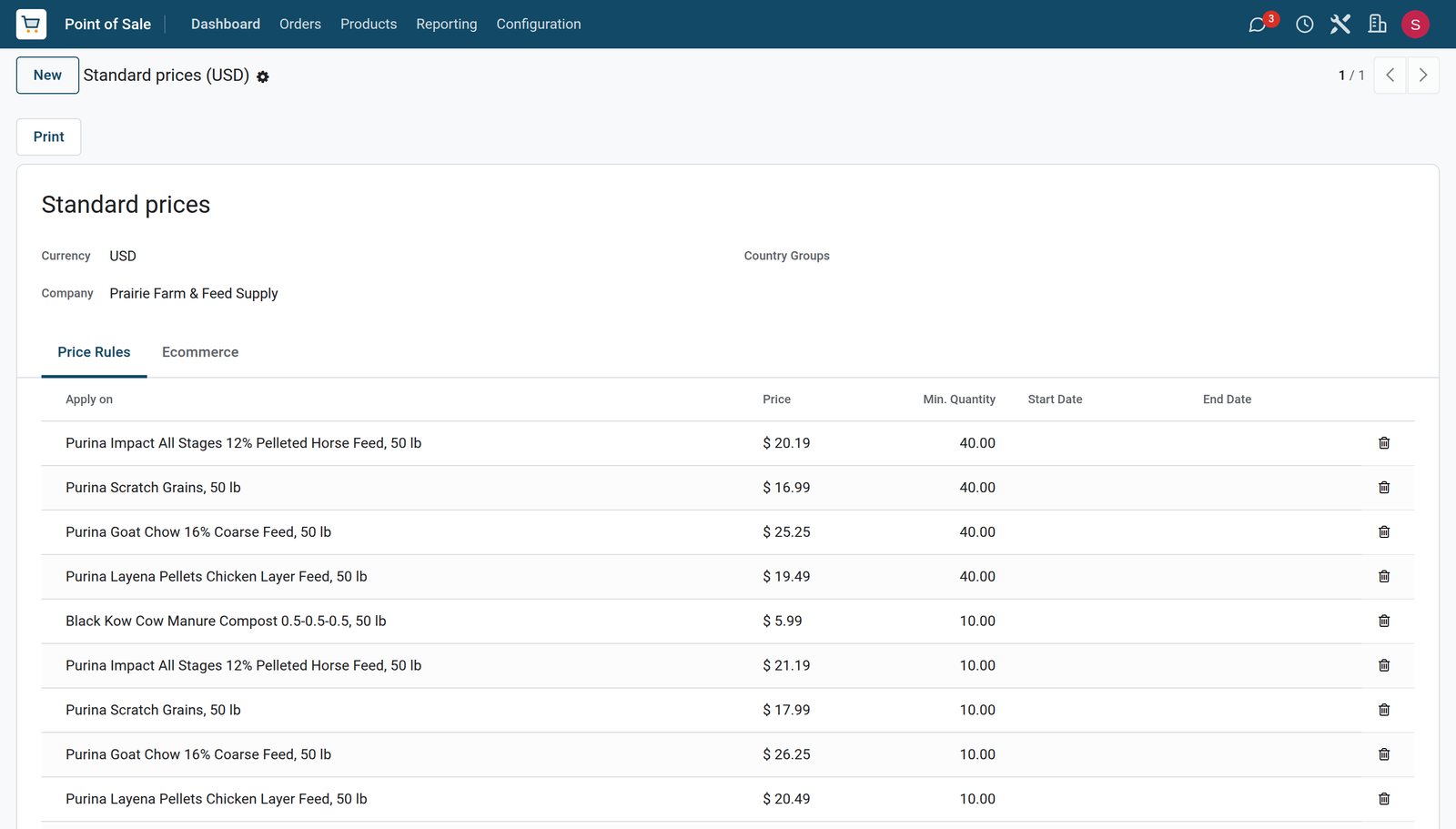 BridgeERP price list with quantity breaks for bagged feed