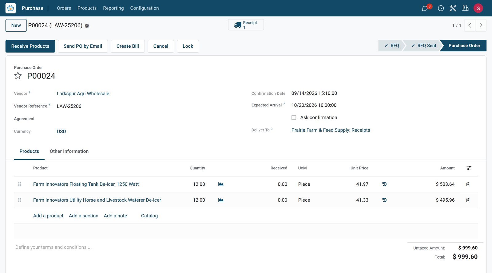 BridgeERP farm store purchase order for winter stock