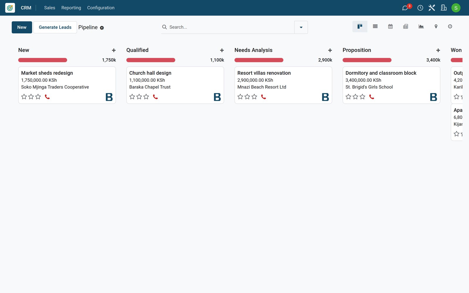 Sales pipeline of an architecture firm in BridgeERP CRM