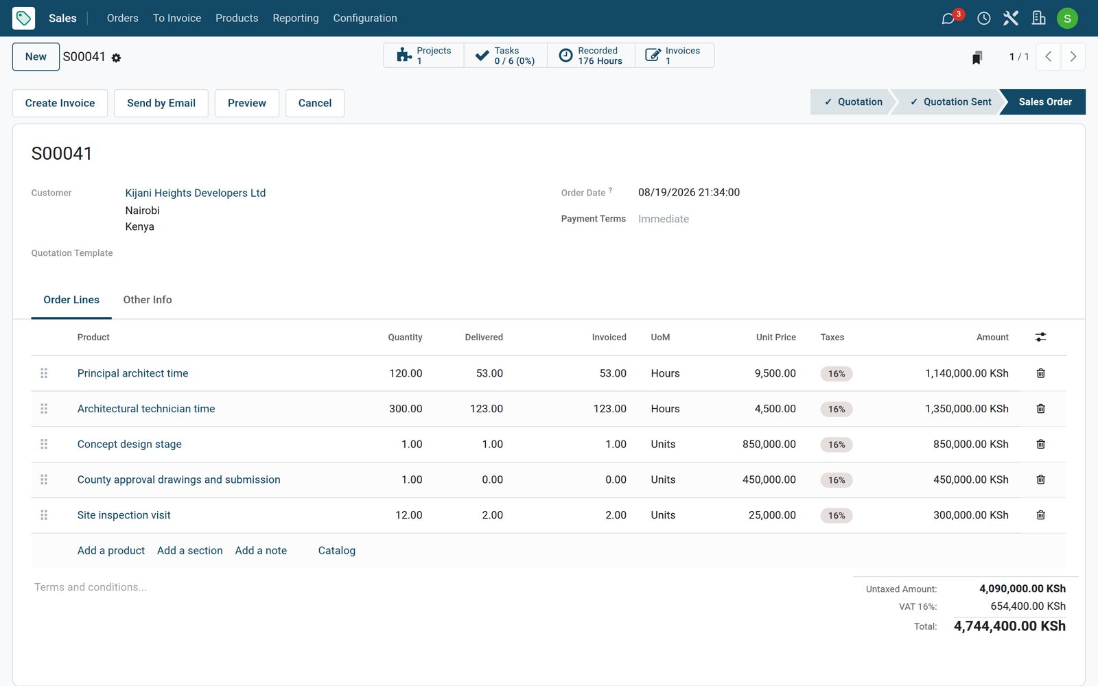 BridgeERP sales order with delivered and invoiced stages and hours