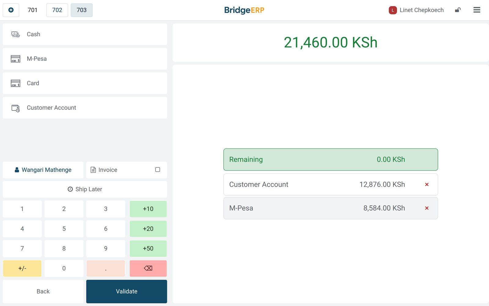 BridgeERP point of sale payment screen at a bakery: KSh 21,460 split between M-Pesa and the customer account