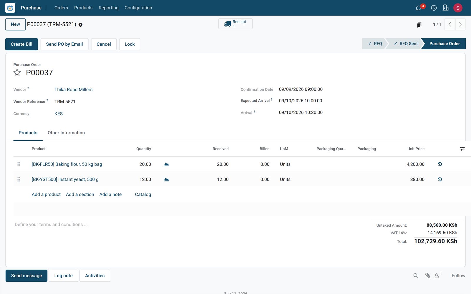 BridgeERP purchase order for bakery ingredients
