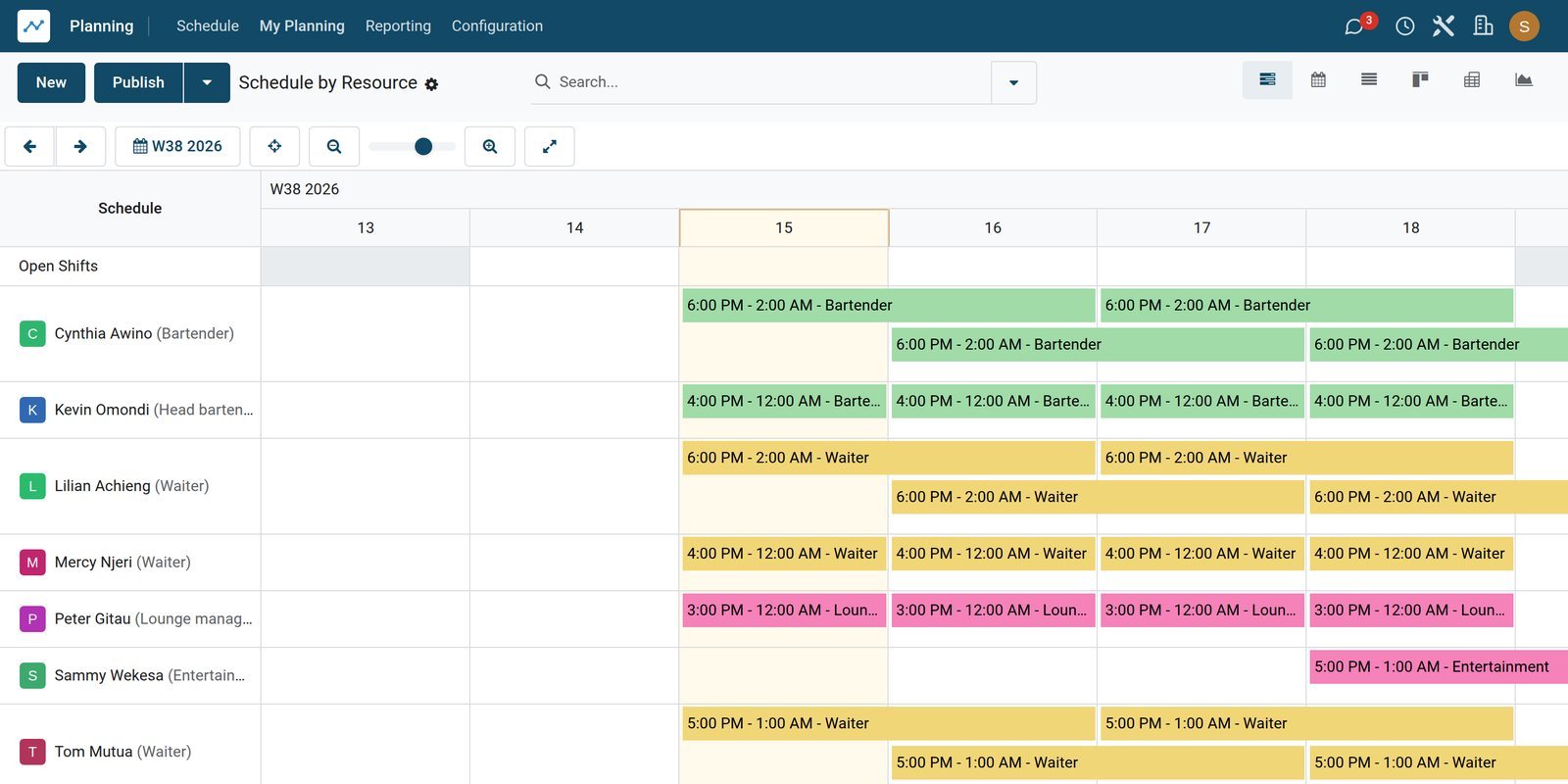 BridgeERP planning of bar shifts