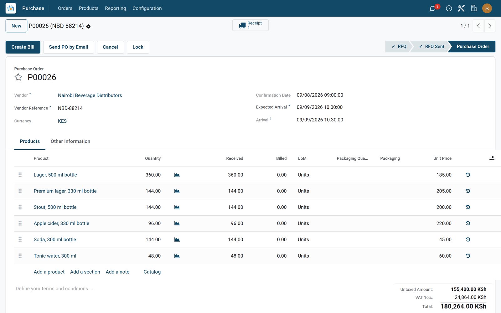 BridgeERP purchase order received from a beverage distributor