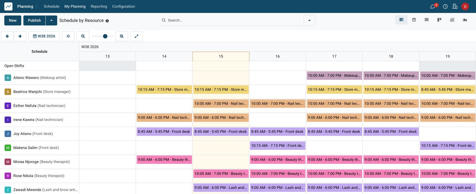 BridgeERP beauty shop staff rota for the week