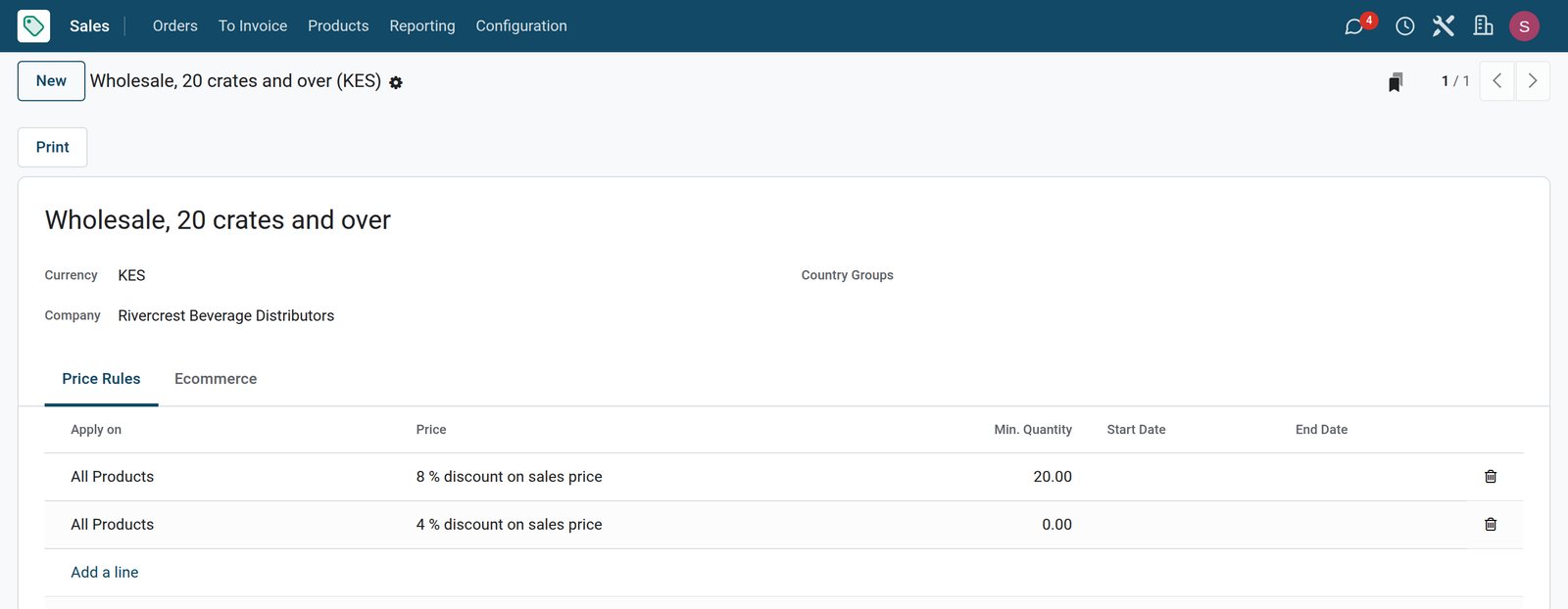 BridgeERP beverage distributor trade price list with a quantity break