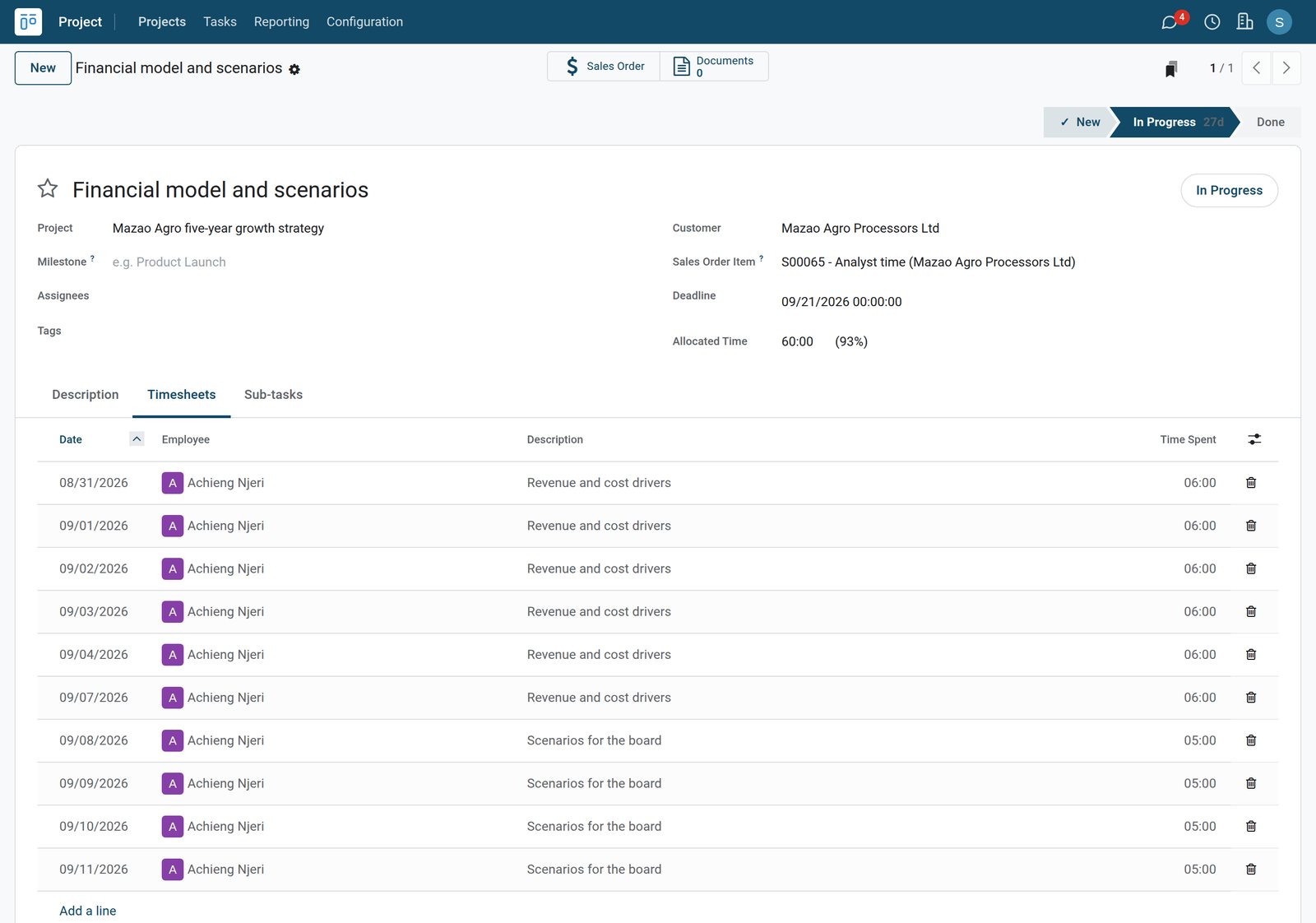 BridgeERP task with timesheets