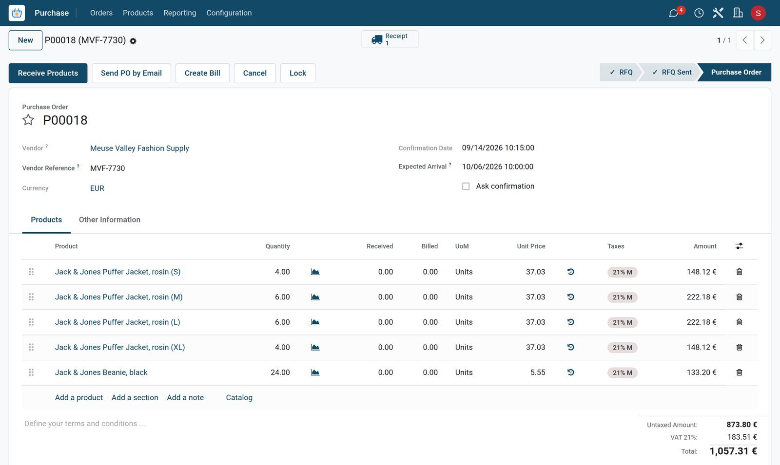BridgeERP winter stock purchase order for a clothing store