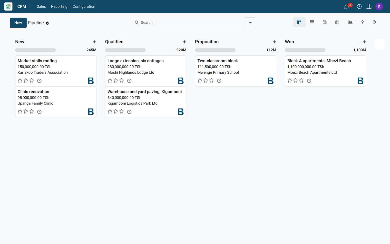 Sales pipeline of a construction company in BridgeERP CRM