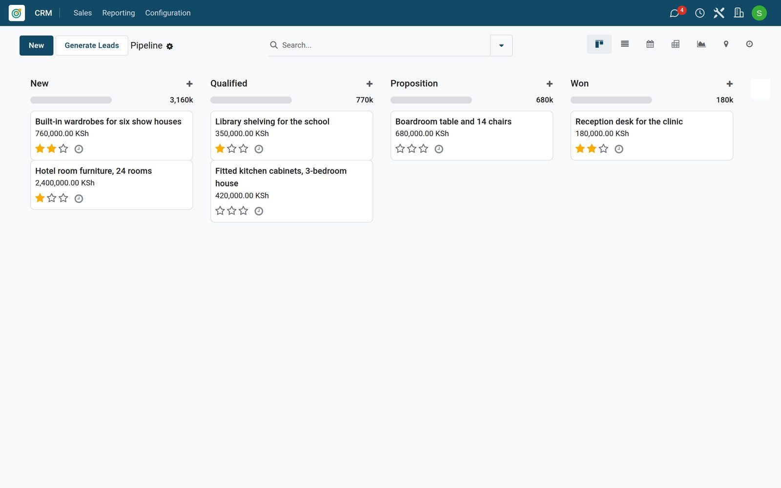 Sales pipeline of a custom furniture workshop in BridgeERP CRM