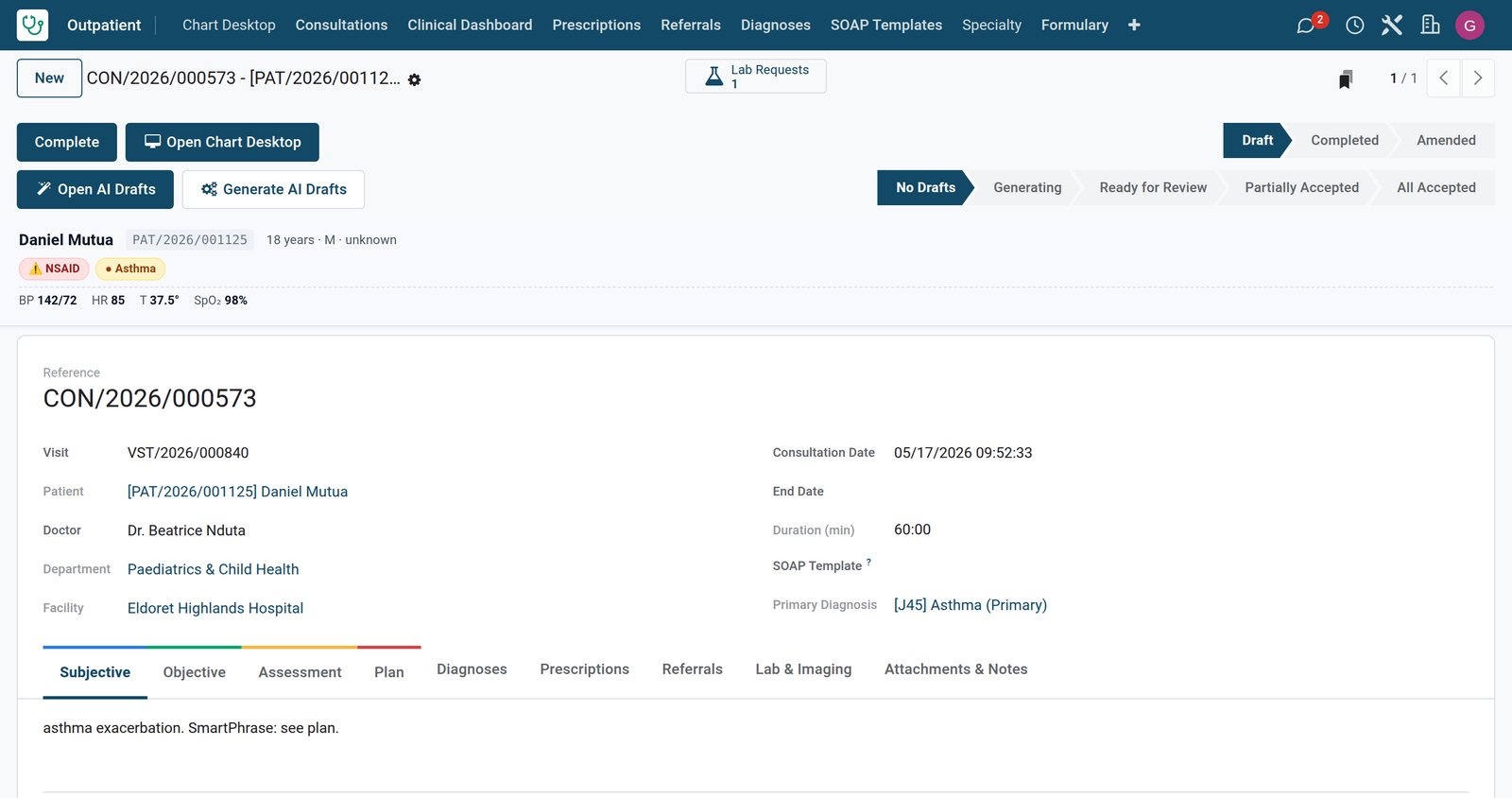 BridgeERP HMS consultation chart with SOAP notes and ICD-10 diagnosis