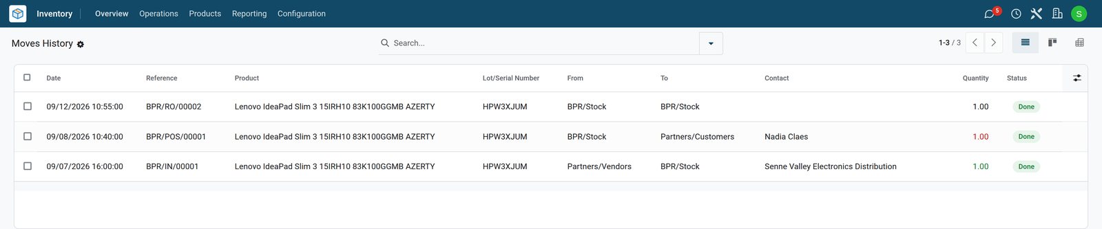 BridgeERP stock moves of a laptop serial number