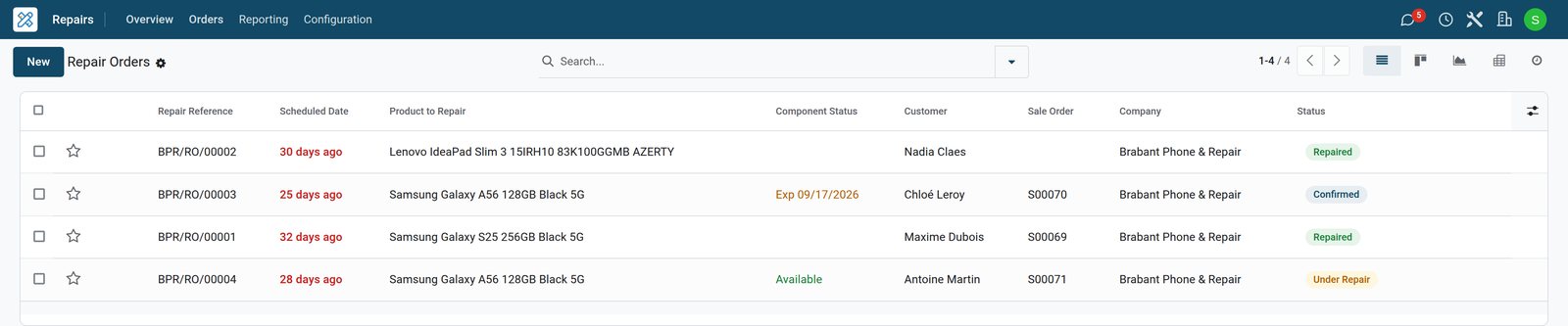 BridgeERP repair orders list of an electronics store