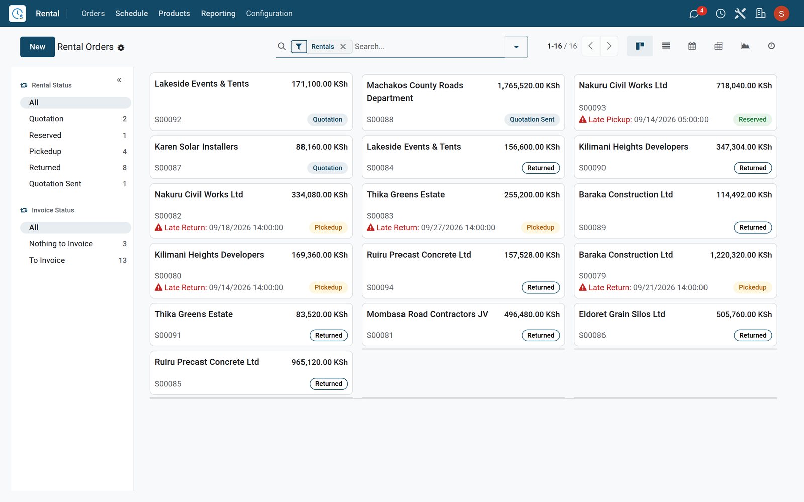 BridgeERP Rental Orders board with customer, total and rental status on each card